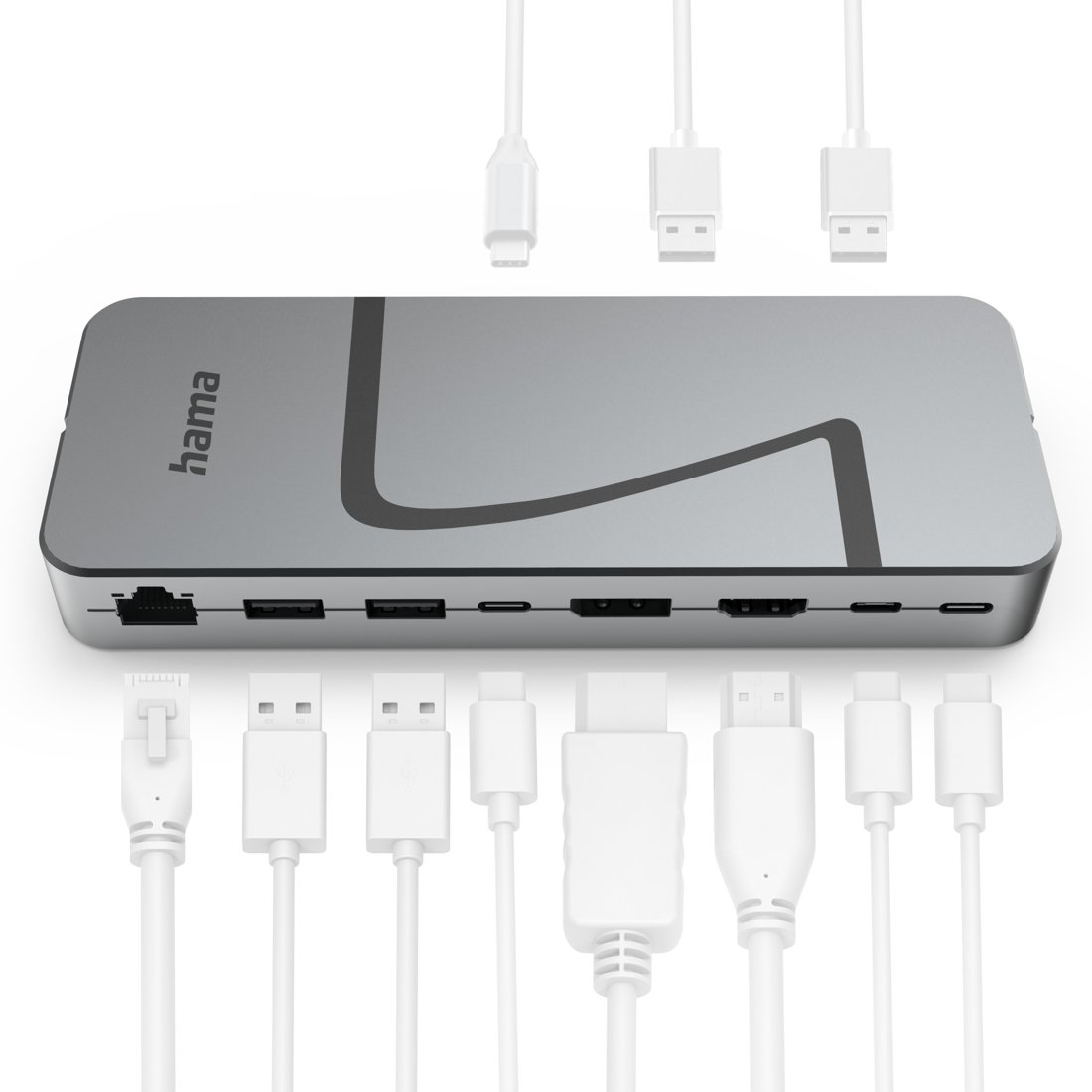 Srebrny hub USB-C Hama z różnymi kablami połączeniowymi u góry i u dołu.