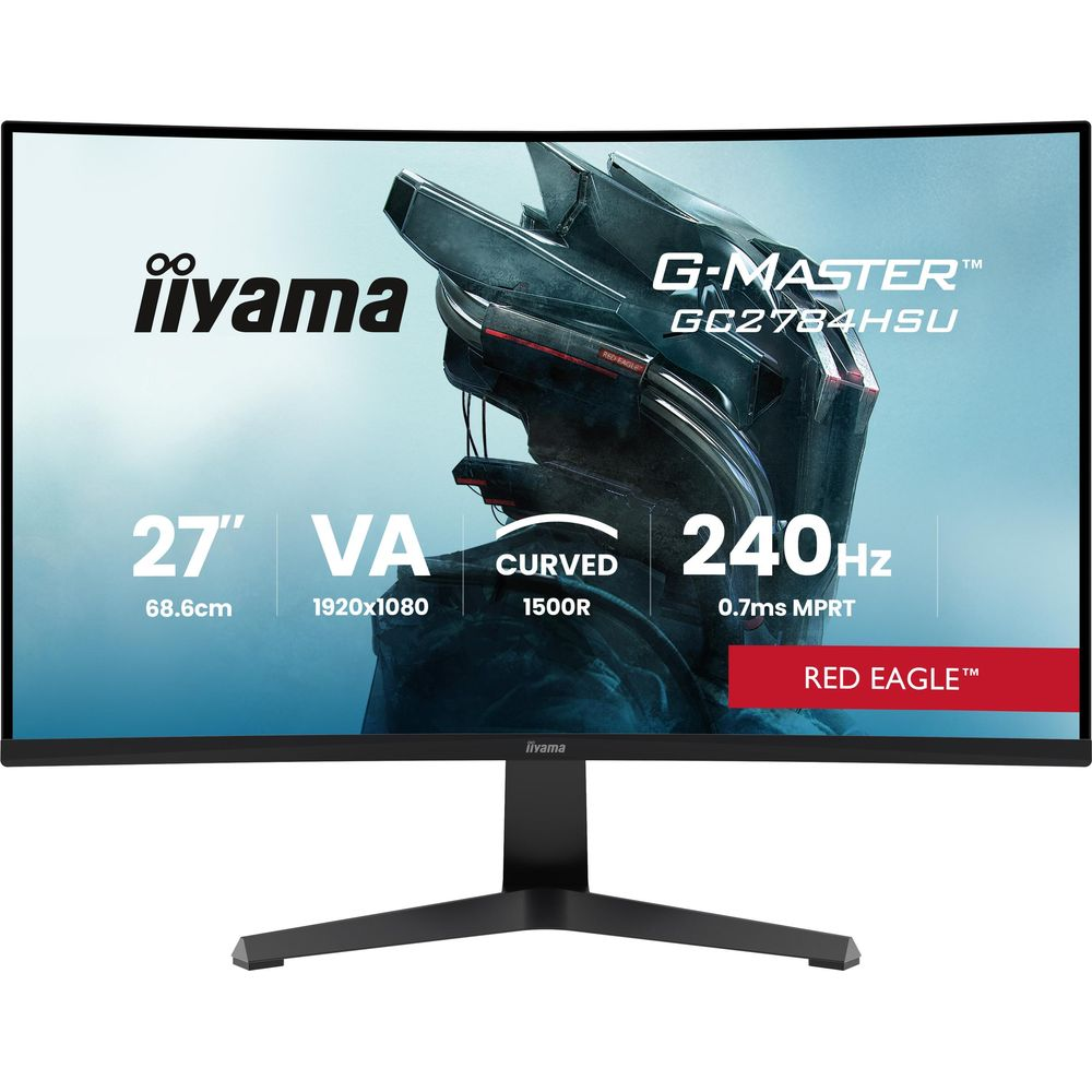 Zakrzywiony monitor Iiyama 27 cali z 240Hz i panelem VA, wyświetlający grafikę sci-fi.