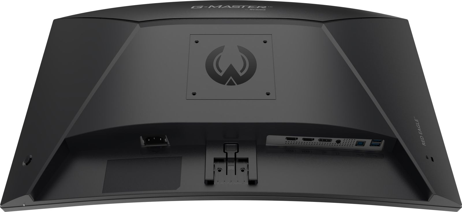 Widok z tyłu czarnego monitora iiyama G-Master z mocowaniem VESA, portami i logo.