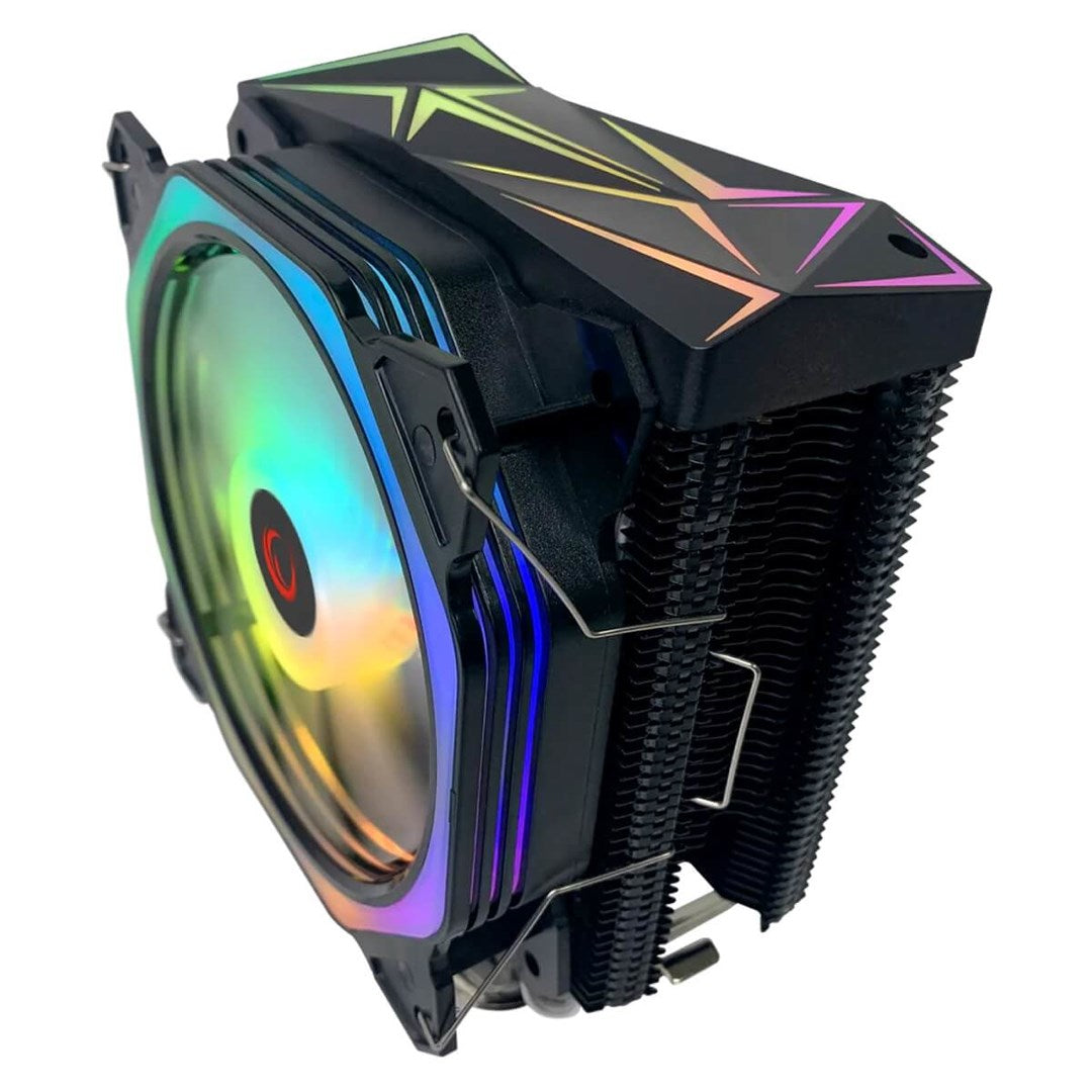 Chłodzenie procesora z podświetleniem RGB, czarnym radiatorem i podświetlanym wentylatorem na białym tle.