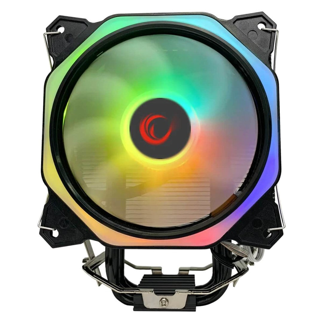 Chłodzenie procesora z okrągłym, wielokolorowo świecącym wentylatorem RGB zamontowanym na czarnym radiatorze.