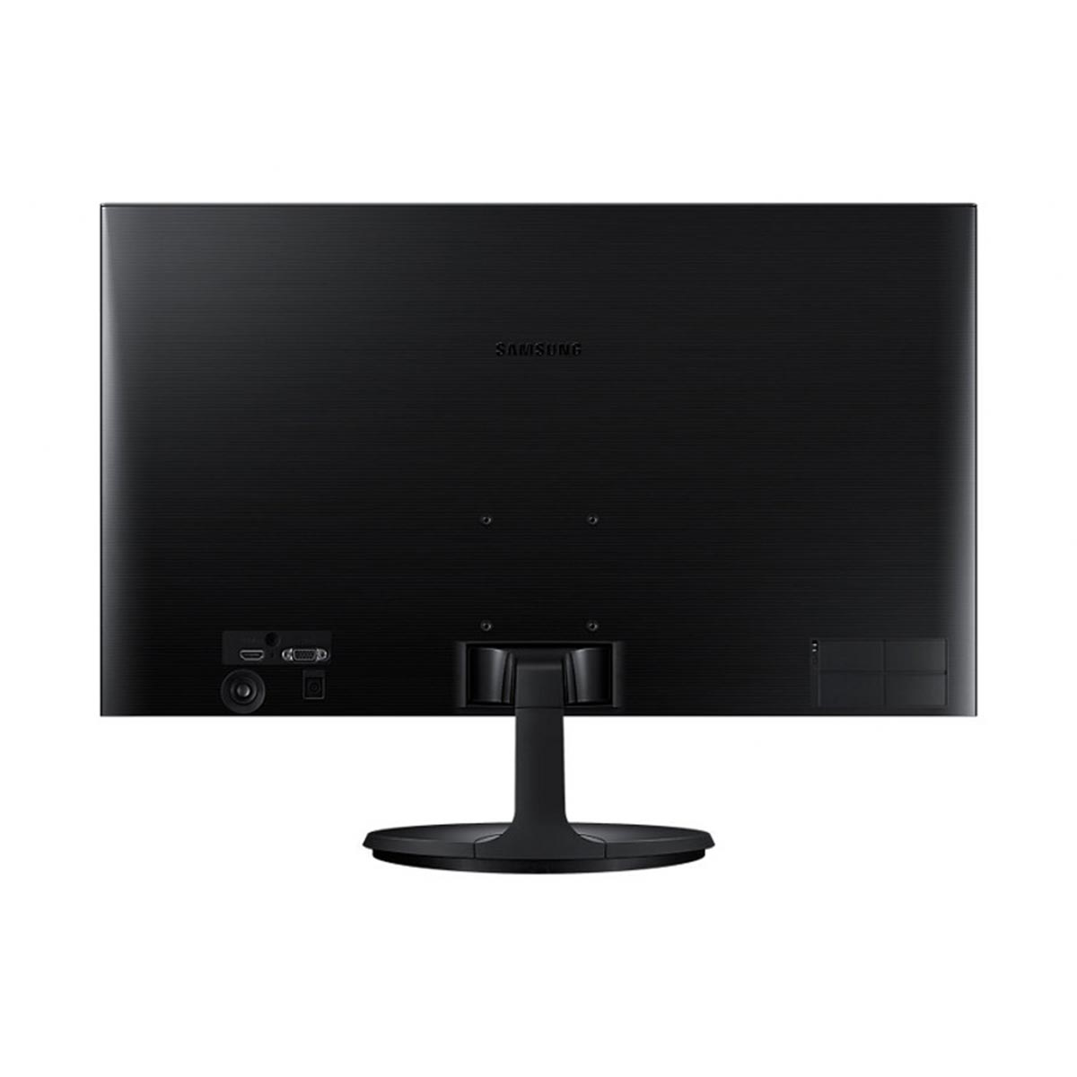 Widok z tyłu czarnego monitora Samsung z portami i okrągłą podstawą na białym tle.