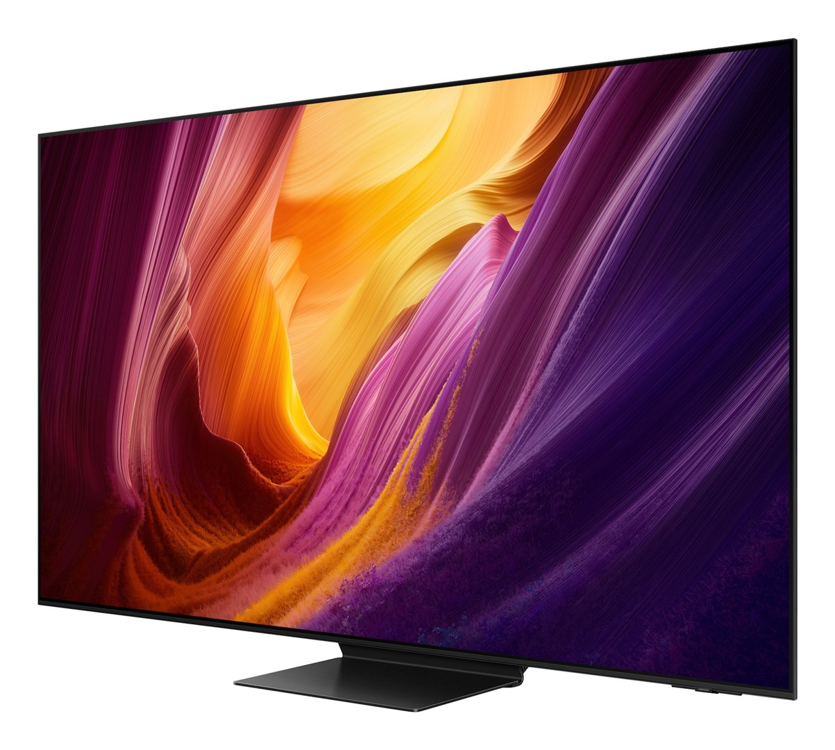 Nowoczesny telewizor z cienką ramką wyświetla kolorowy, abstrakcyjny wzór fal w kolorze żółtym i fioletowym.