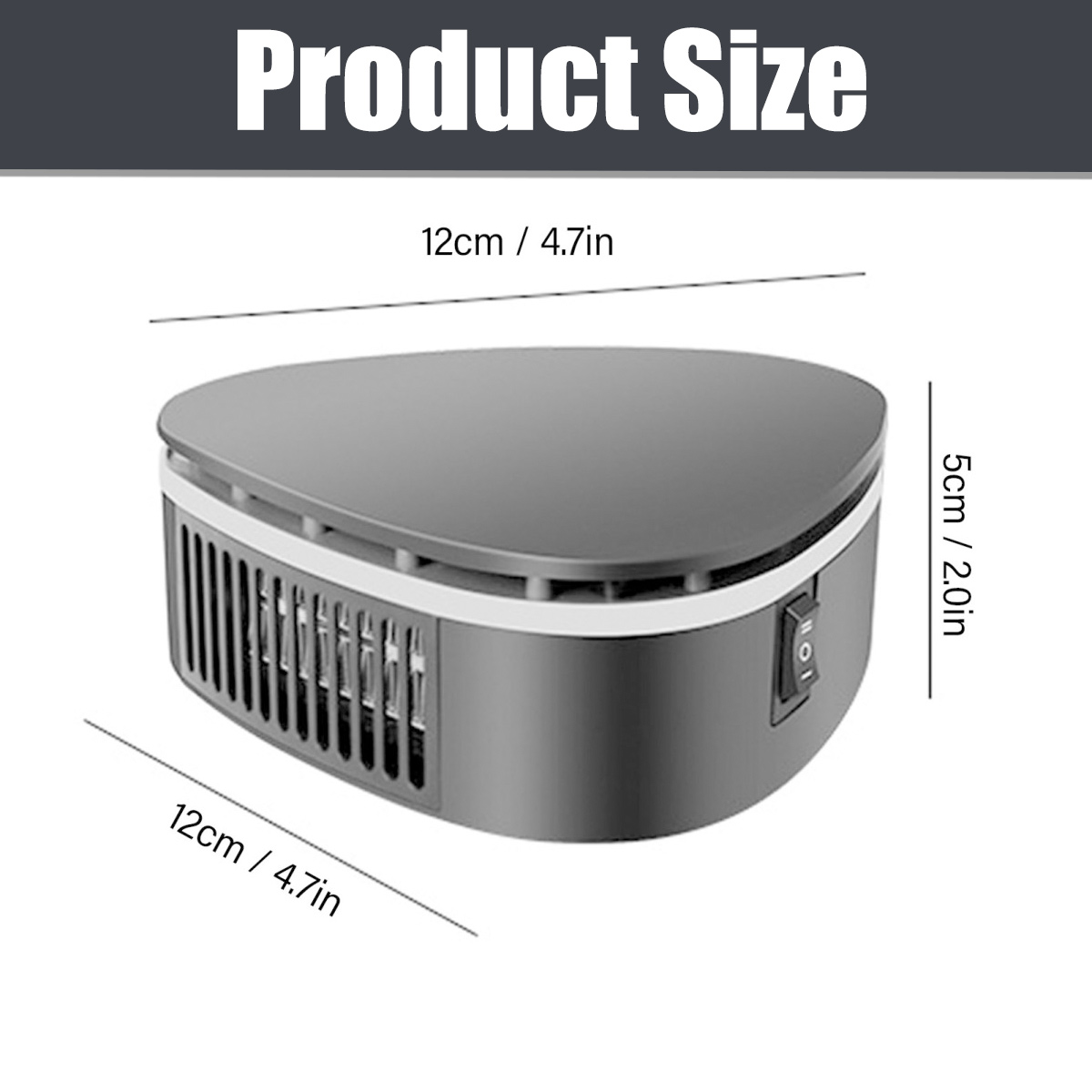 Produktgrößendiagramm eines dreieckigen Geräts mit Maßen von 12cm mal 12cm mal 5cm.