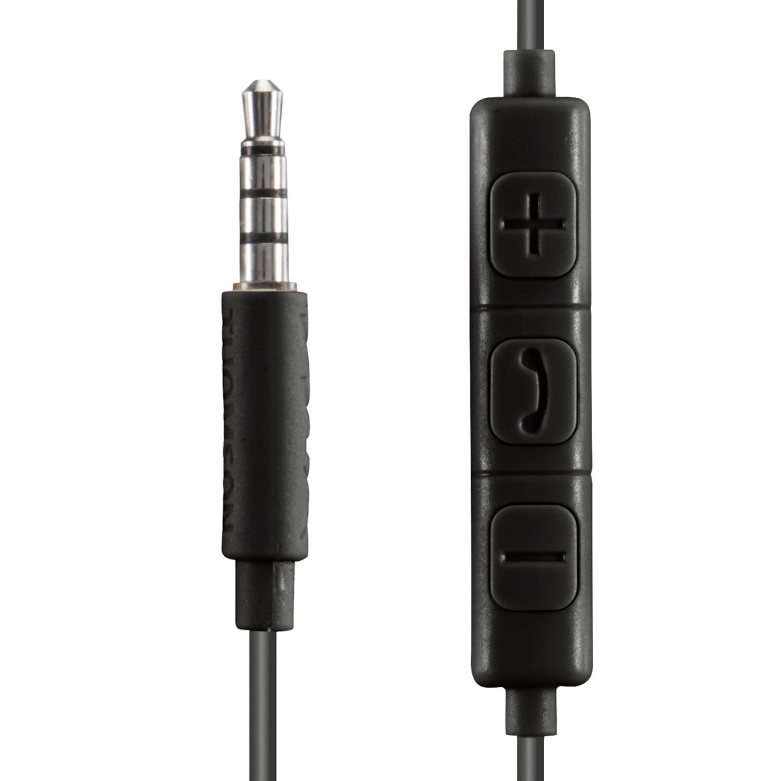 Wtyk audio 3,5 mm i pilot z trzema przyciskami na czarnym kablu na białym tle.