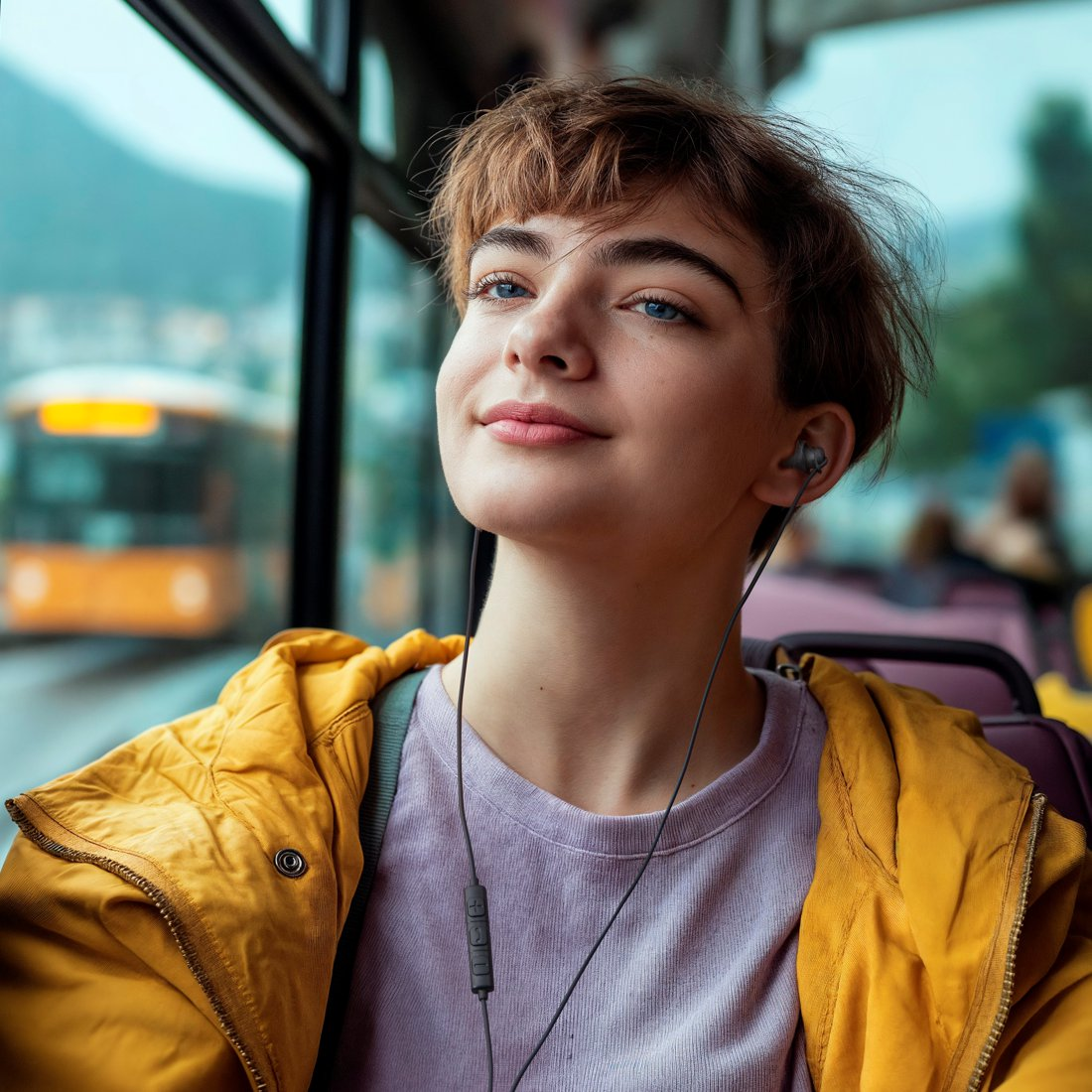 Młoda kobieta z krótkimi włosami w żółtej kurtce siedzi w autobusie i słucha muzyki.