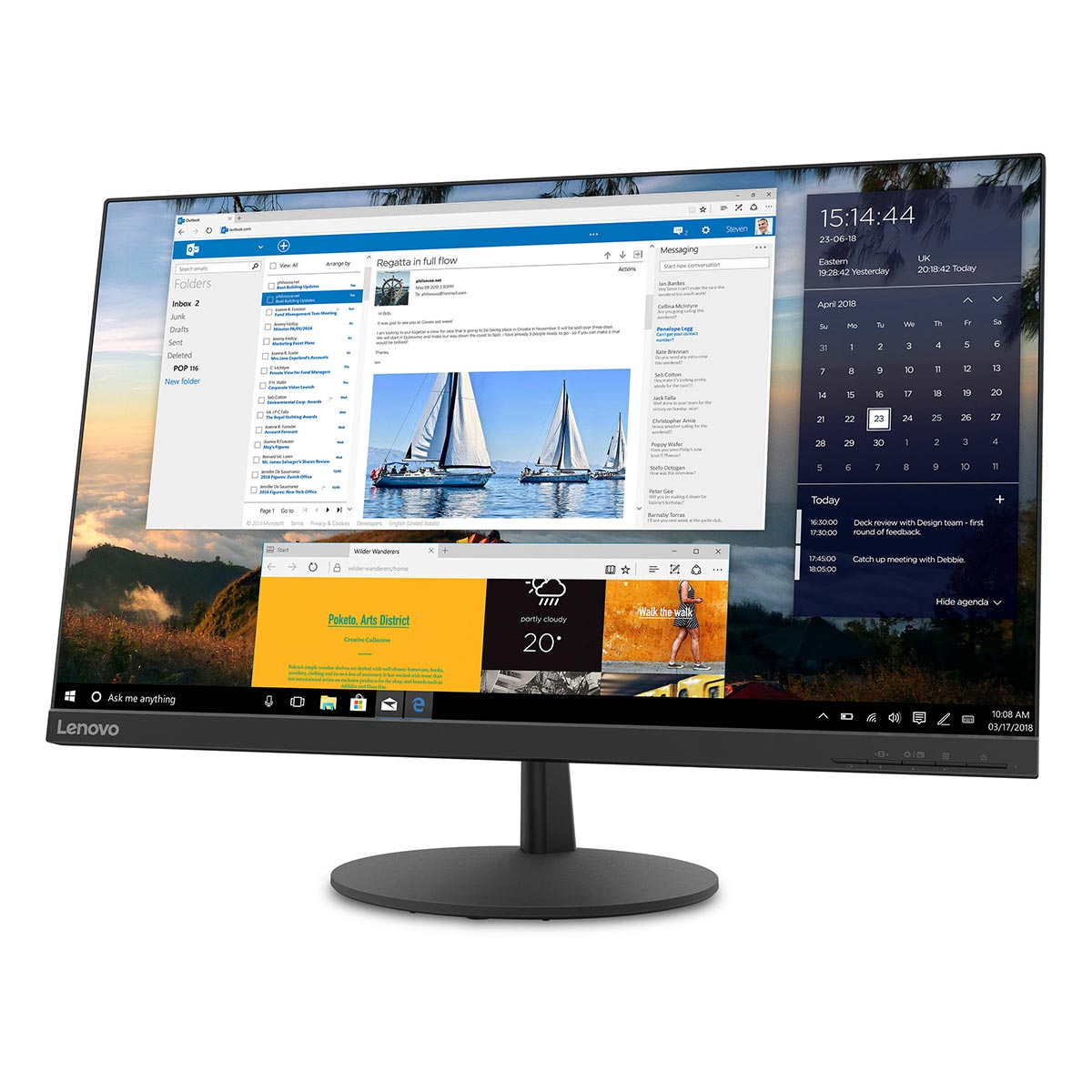 Monitor Lenovo wyświetla otwartą wiadomość e-mail, program pocztowy, aplikację kalendarza i stronę internetową.
