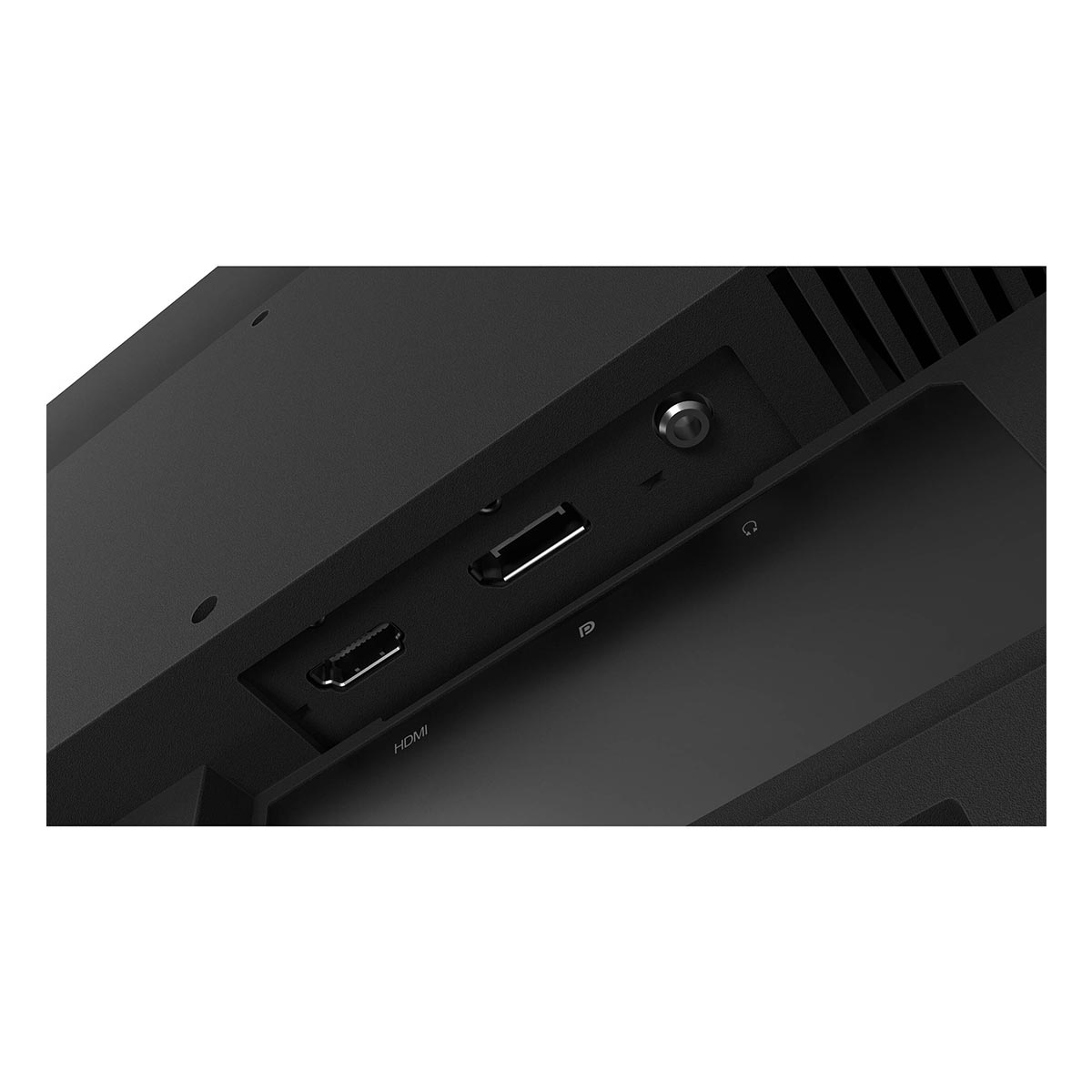 Tylny panel czarnego monitora z portami HDMI i audio.