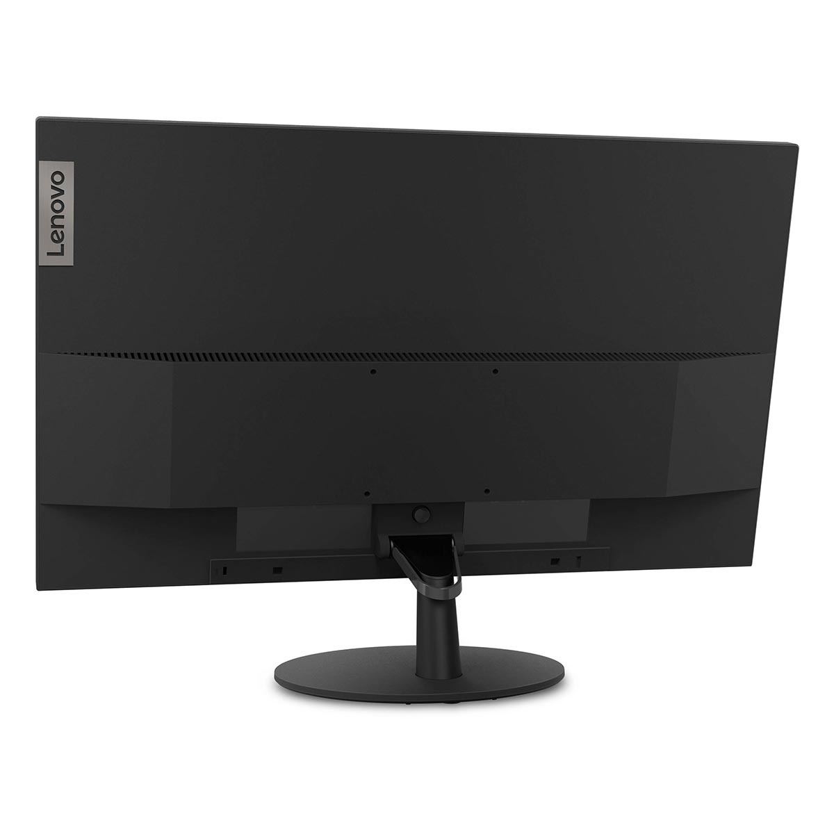 Widok z tyłu czarnego monitora komputerowego Lenovo na okrągłej podstawce na białym tle.