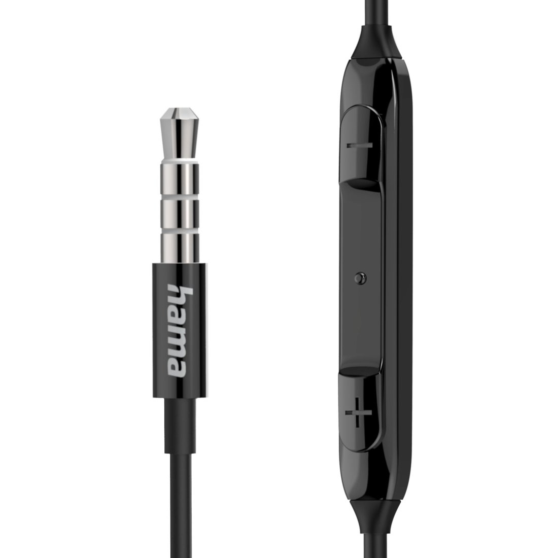 Czarny kabel jack 3,5 mm z logo Hama i pilotem na białym tle.