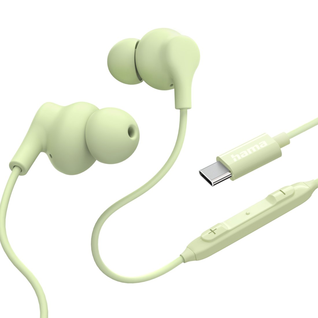 Jasnozielone słuchawki dokanałowe z złączem USB-C i pilotem na kablu.