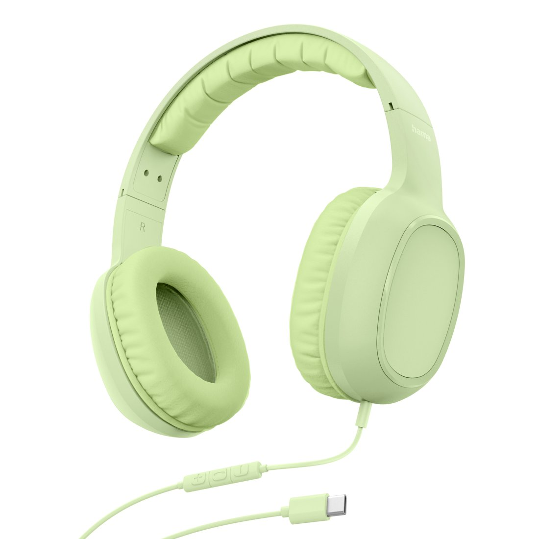 Auriculares supraaurales con cable de color verde claro y conector USB-C sobre fondo blanco.