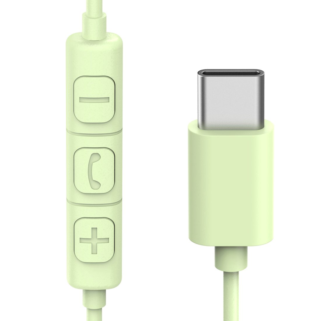 Un cable USB-C verde claro con un control remoto con botones de volumen y llamadas.