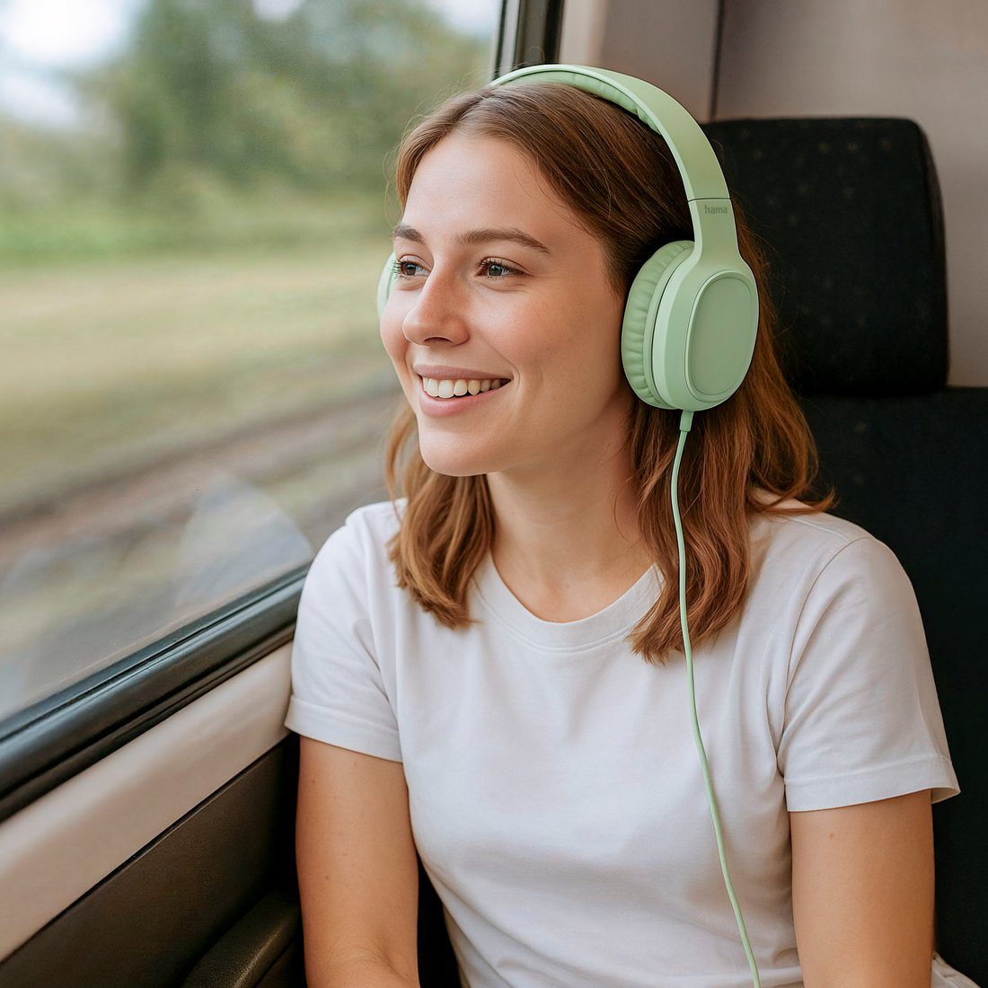 Una mujer sonriente con auriculares verde claro mira por la ventana del tren.