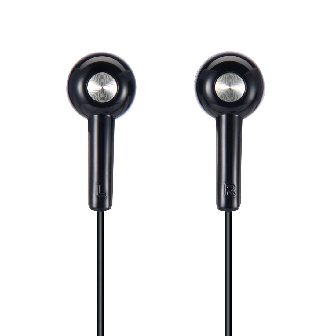 Dos auriculares con cable negros con botones plateados y marcas L y R.