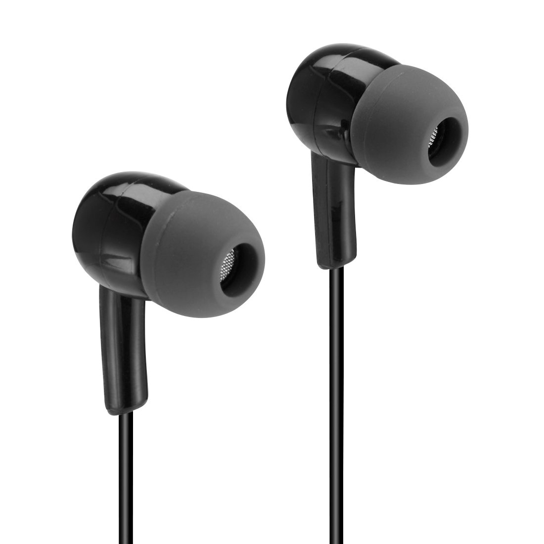 Un par de auriculares con cable negros con puntas de silicona gris sobre fondo blanco.