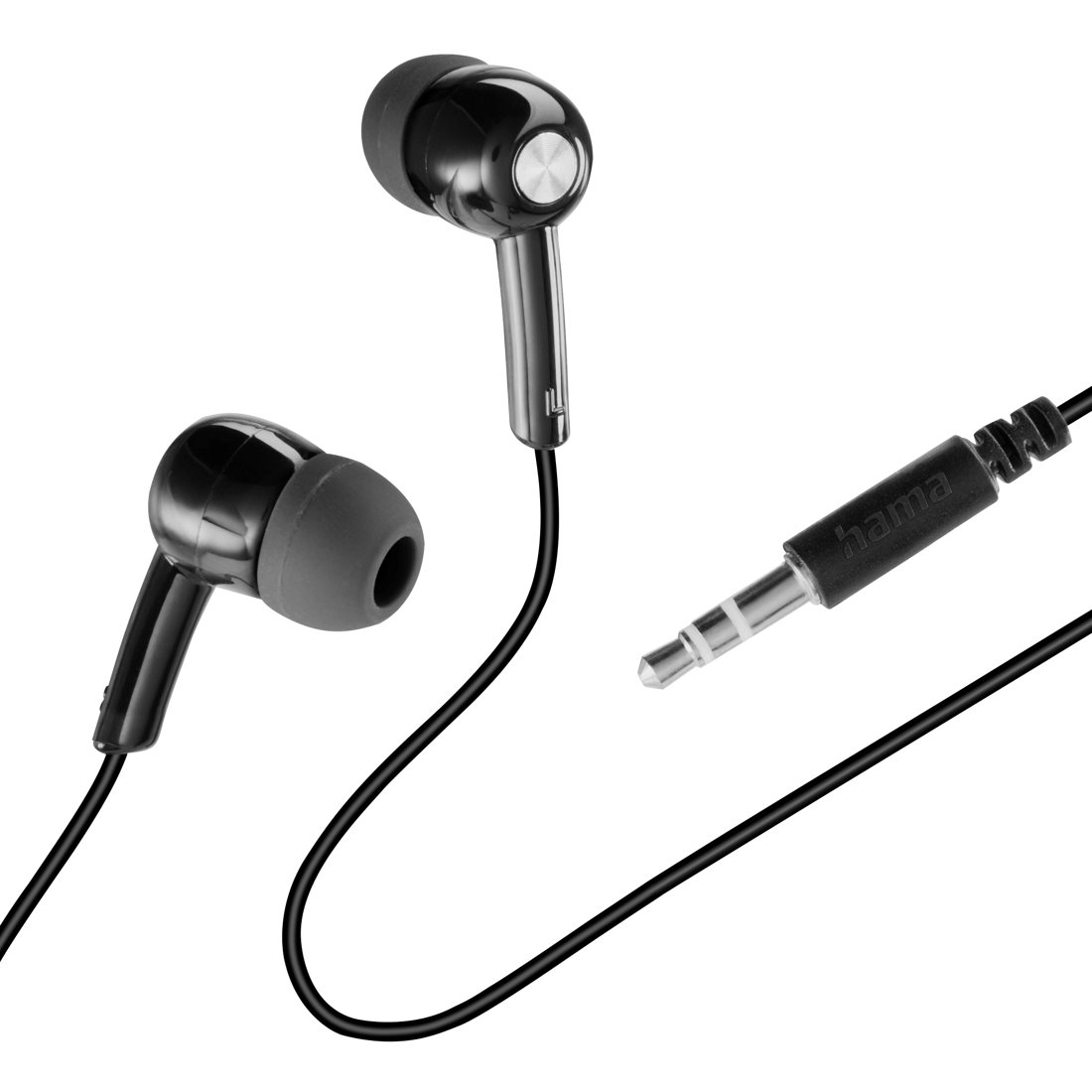 Auriculares intrauditivos negros con cable y conector.