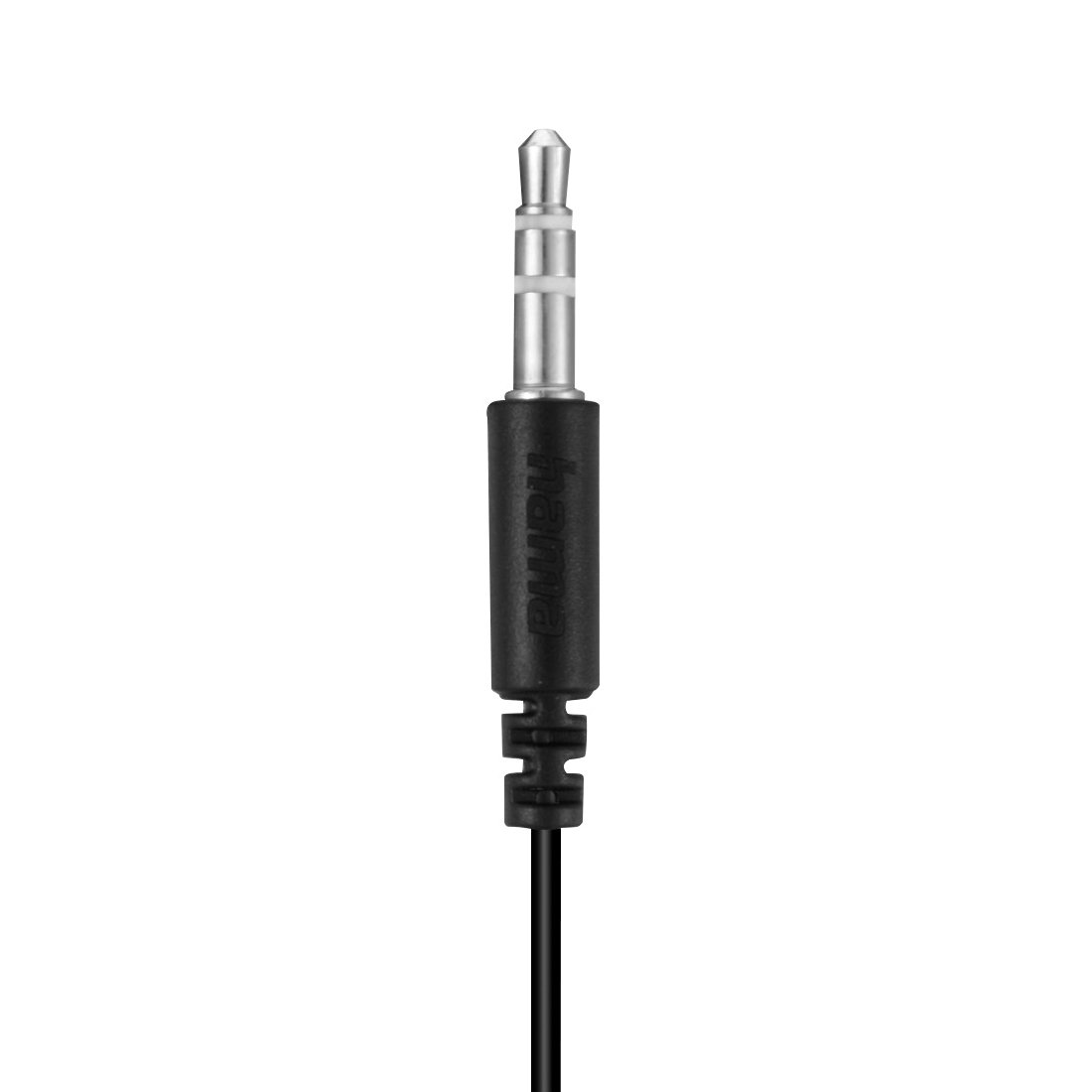 Un conector de audio de 3,5 mm con carcasa de plástico negro y anillos blancos sobre fondo blanco.
