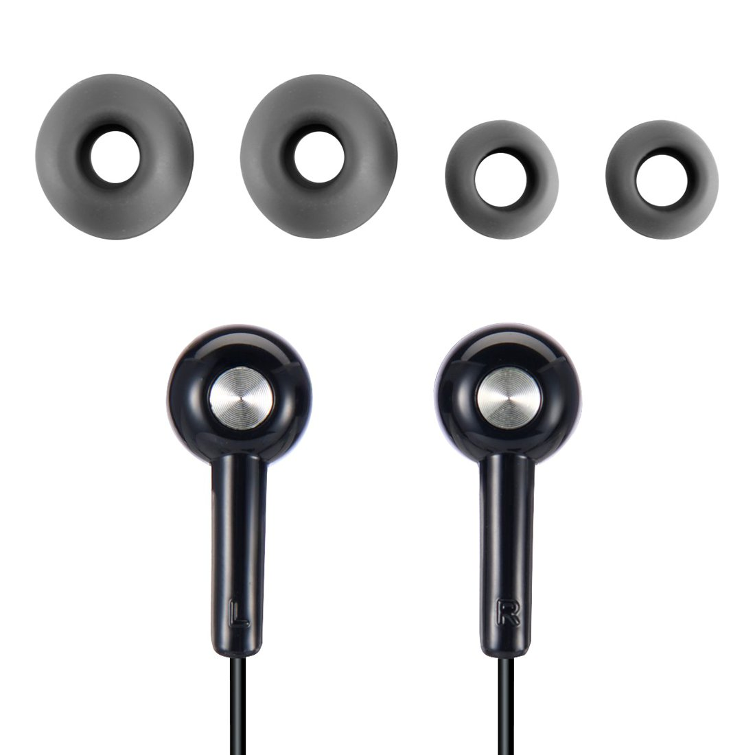 Auriculares negros con detalles plateados y cuatro almohadillas grises diferentes sobre fondo blanco.