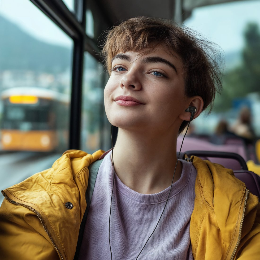Una persona joven con pelo corto y chaqueta amarilla mira por la ventana del autobús sonriendo.