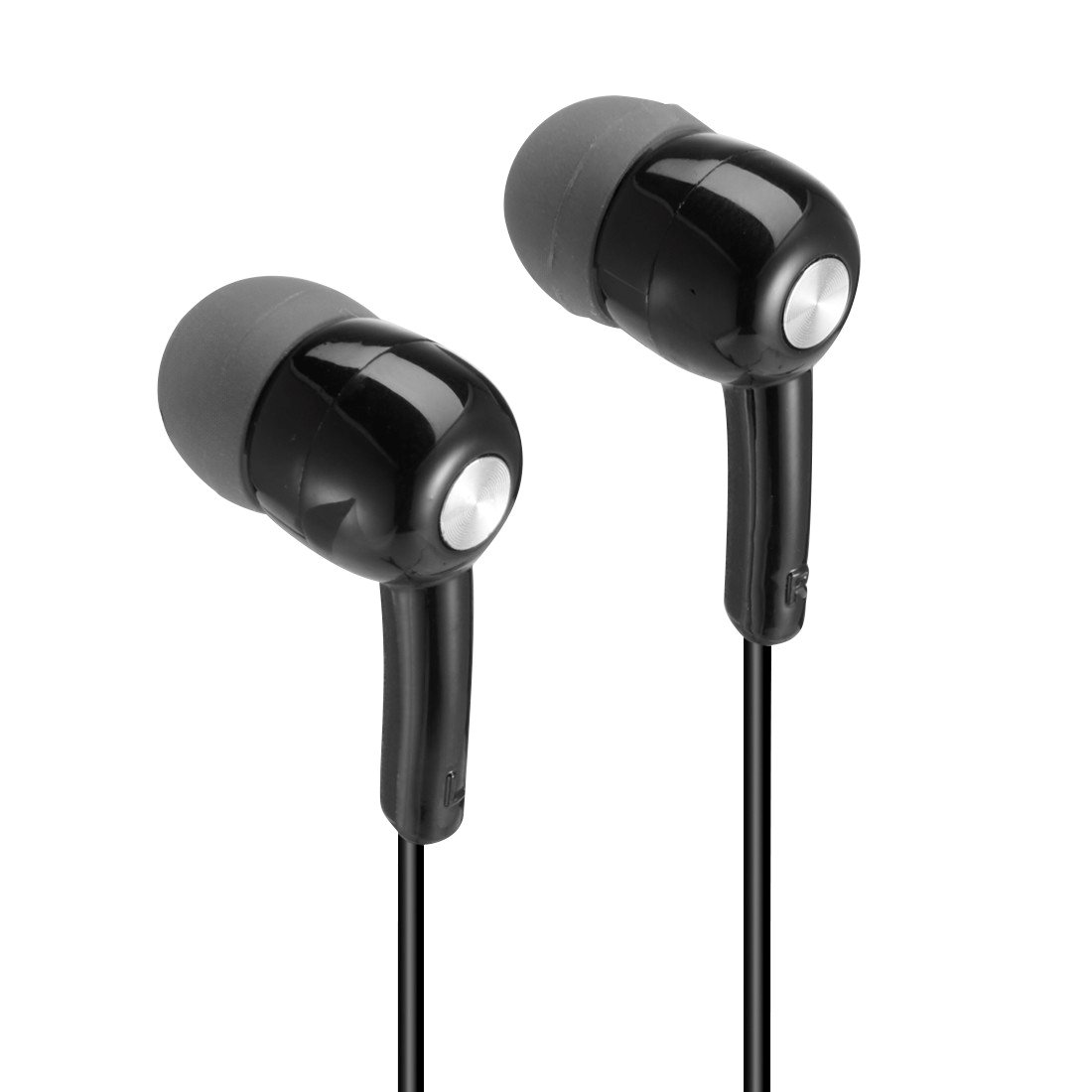 Auriculares intrauditivos negros con detalles plateados y cables negros sobre fondo blanco.