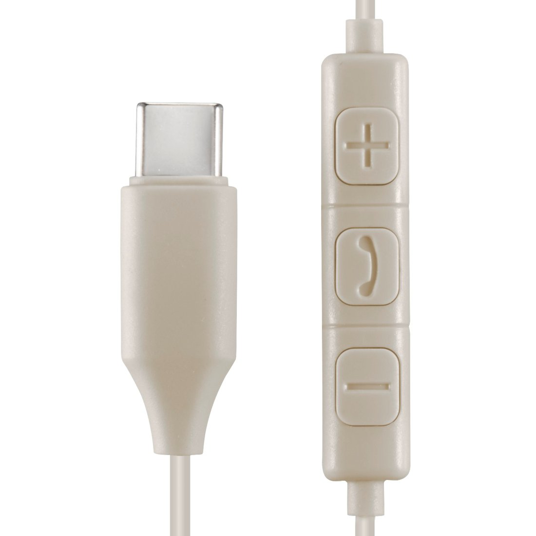 Beżowy kabel USB-C i pilot z trzema przyciskami na białym tle.