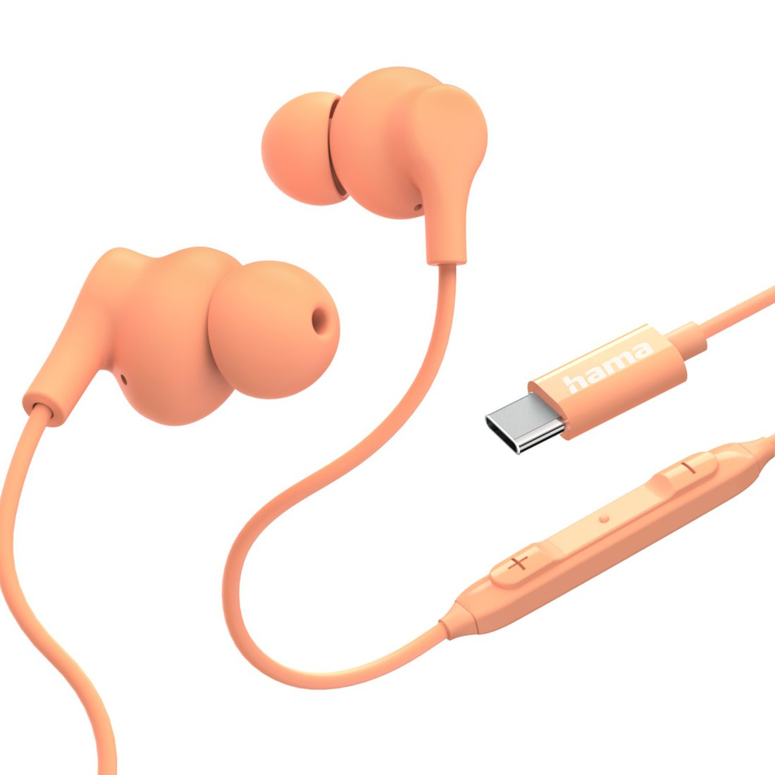 Brzoskwiniowe słuchawki dokanałowe z złączem USB-C i pilotem na białym tle.