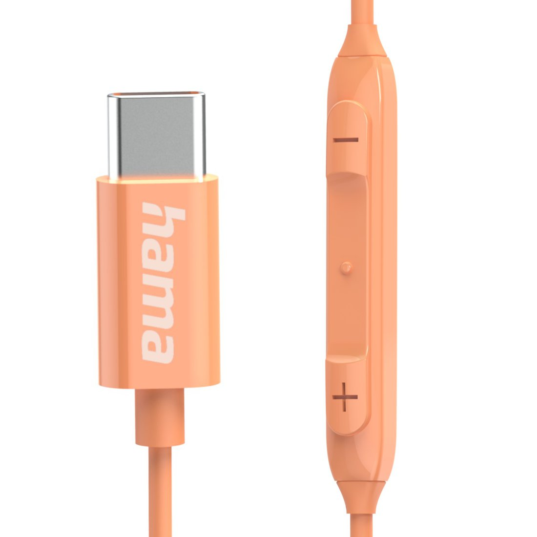 Pomarańczowy kabel USB-C ze złączem i wbudowanym pilotem.