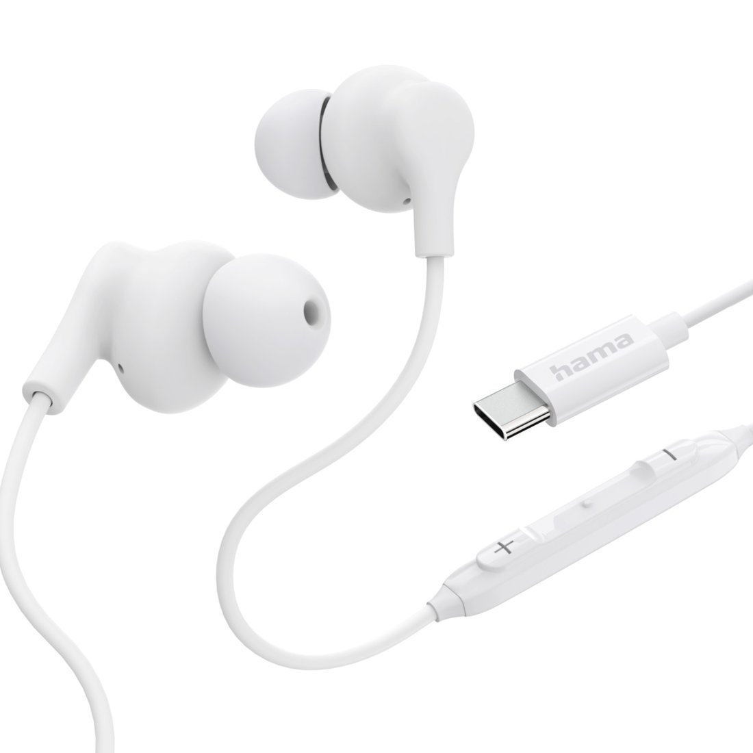 Białe słuchawki dokanałowe ze złączem USB-C i pilotem na białym tle.