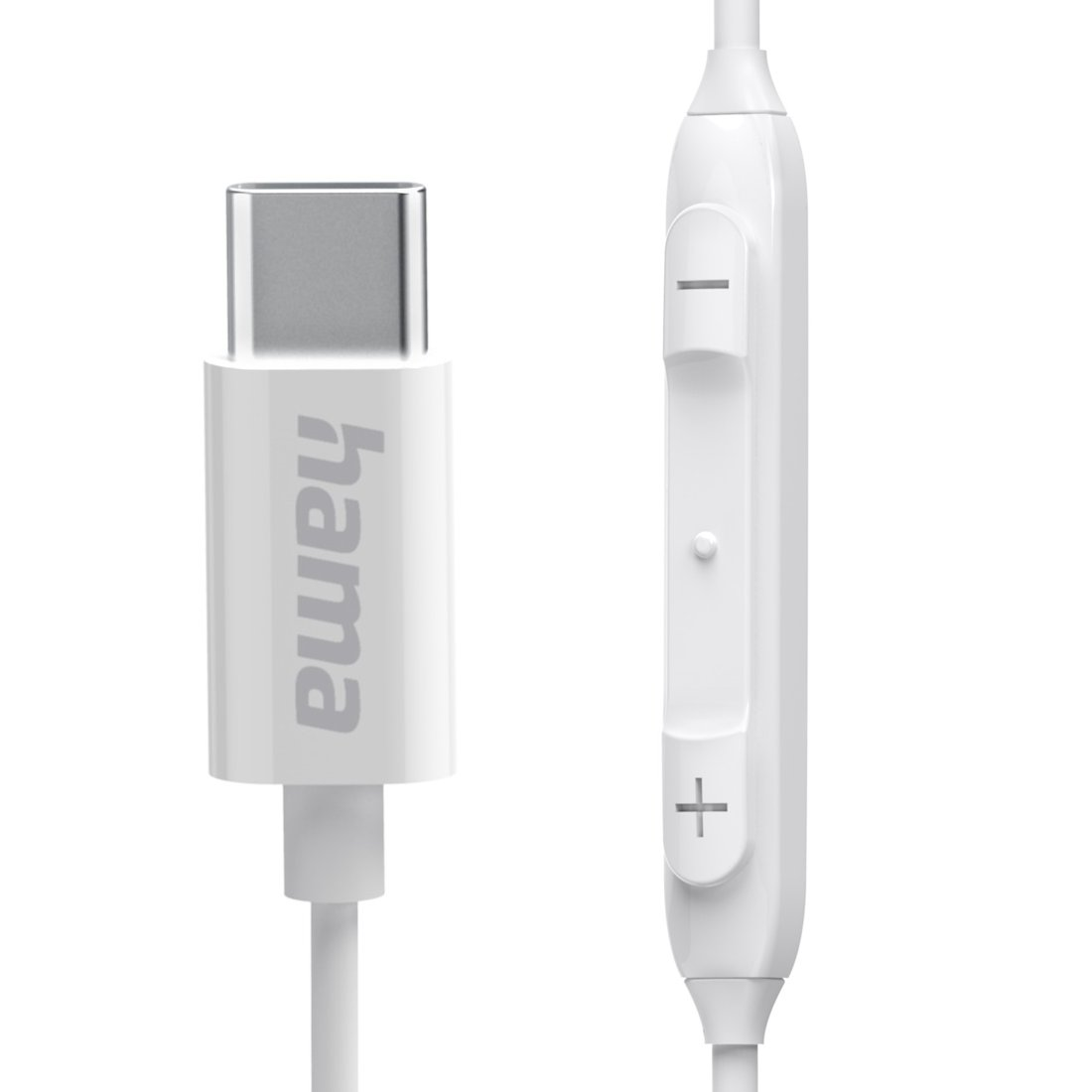 Białe złącze kabla USB-C Hama i pilot na przewodzie na białym tle.