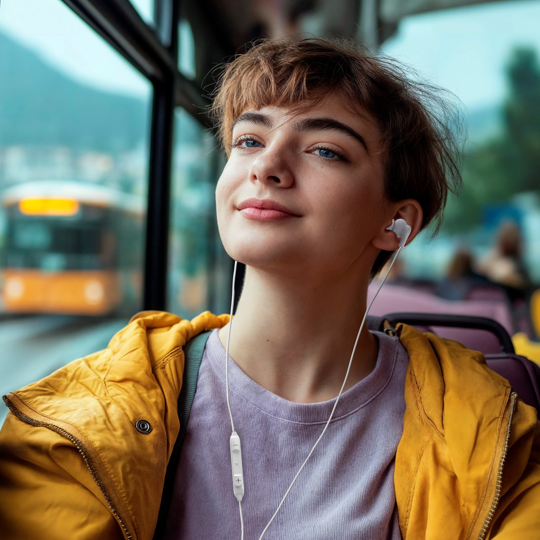 Młoda kobieta z krótkimi włosami w żółtej kurtce siedzi w autobusie i słucha muzyki.