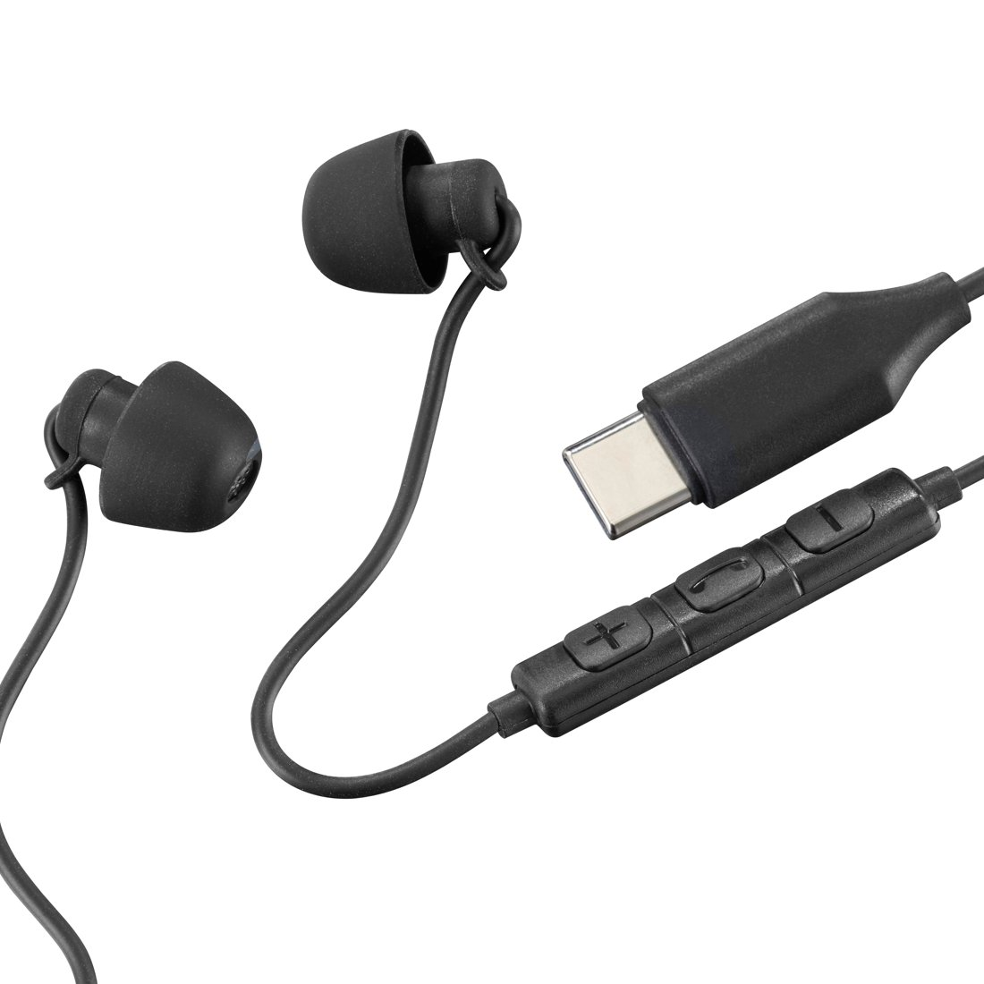 Czarne słuchawki dokanałowe z złączem USB-C i pilotem na białym tle.