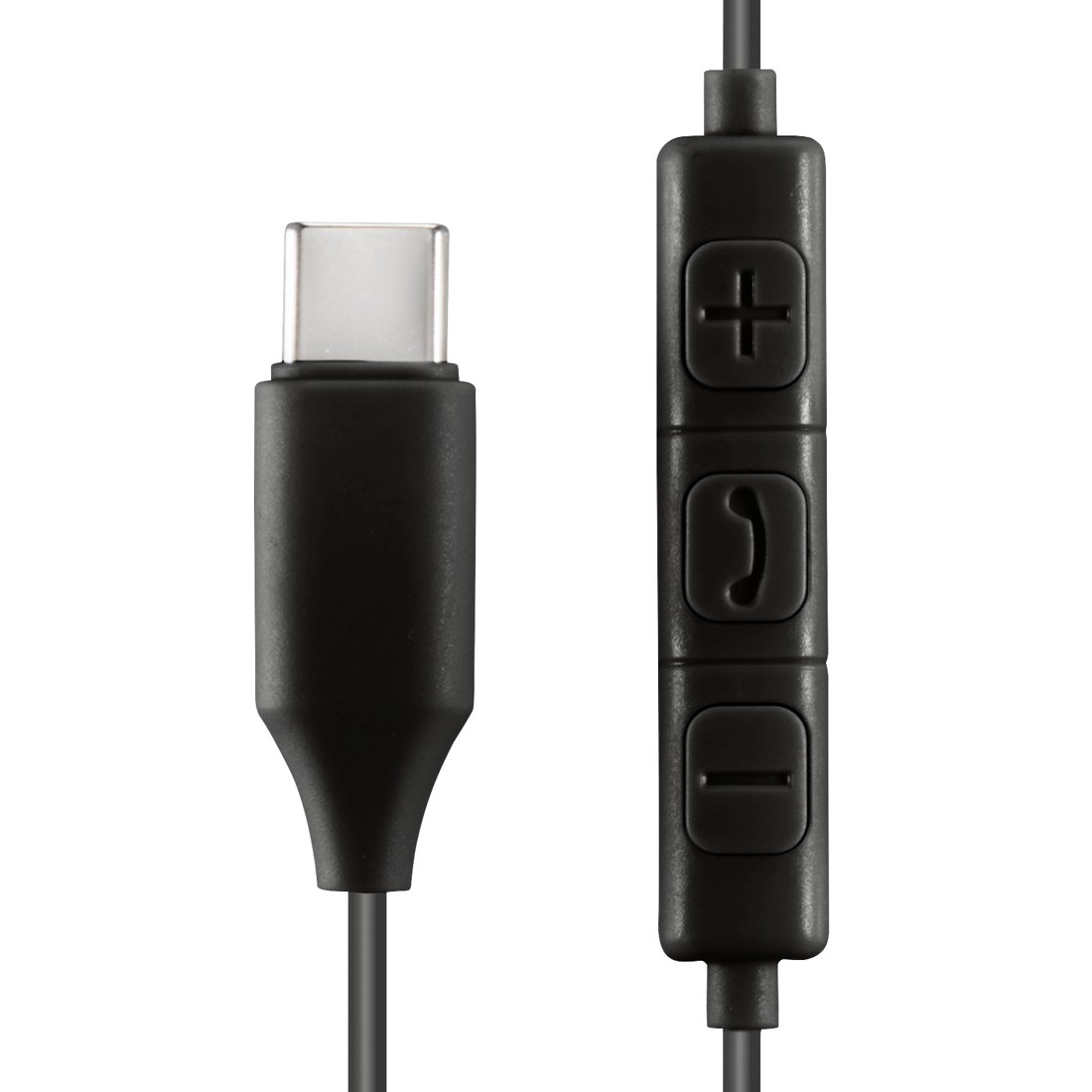 Czarny kabel USB-C z pilotem z trzema przyciskami na białym tle.