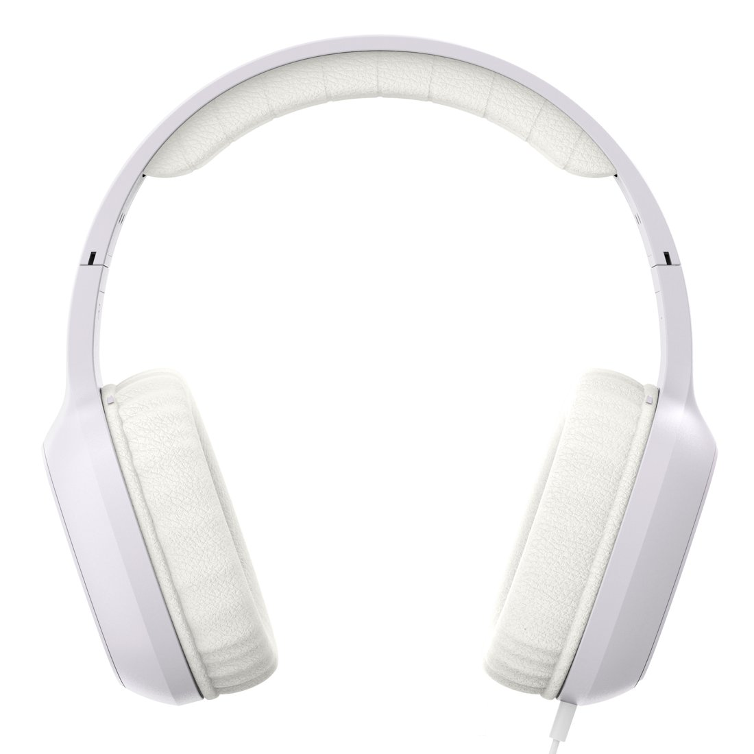 Auriculares supraaurales blancos con almohadillas suaves y cable sobre fondo blanco.