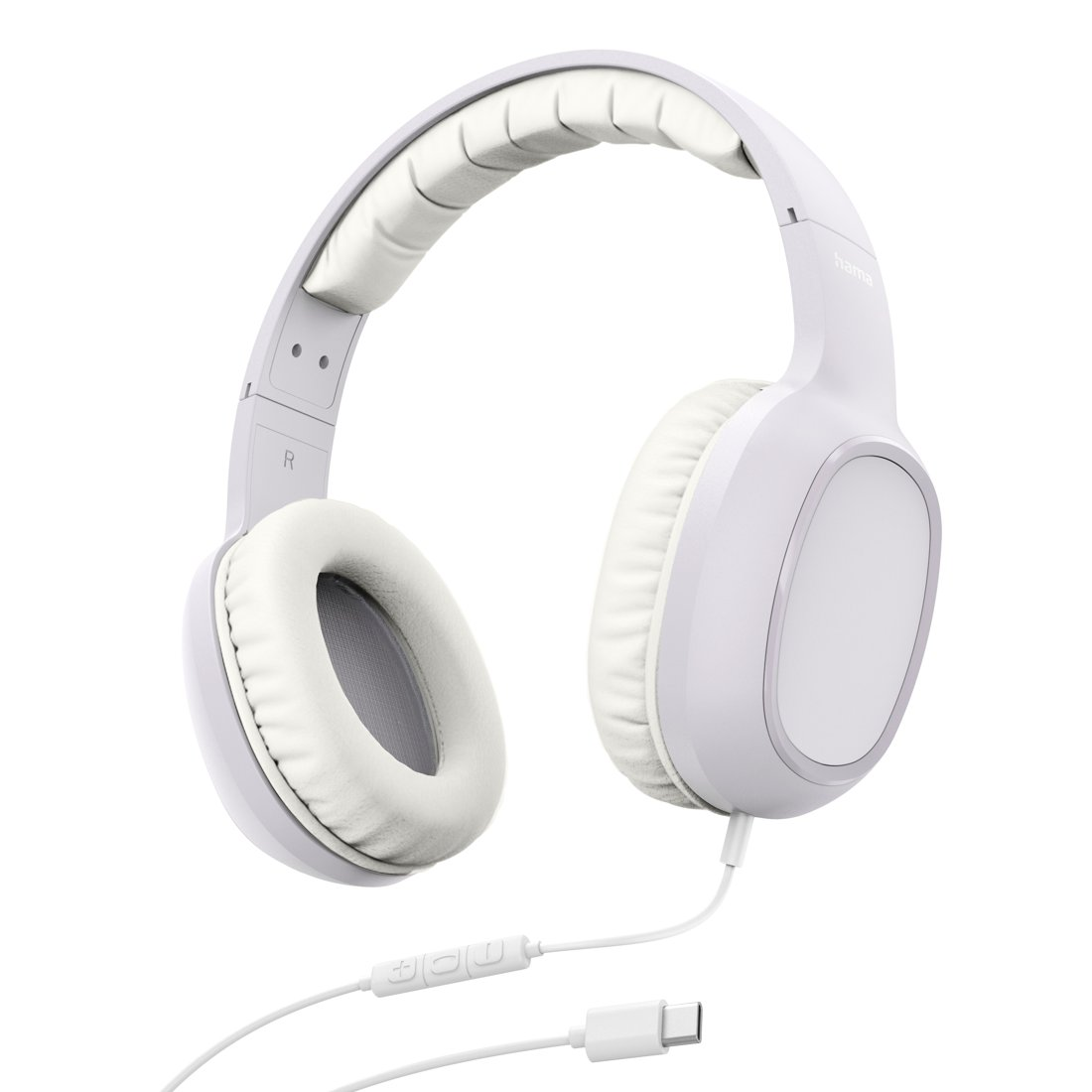 Auriculares supraaurales con cable blanco, almohadillas acolchadas y conector USB-C sobre fondo blanco.