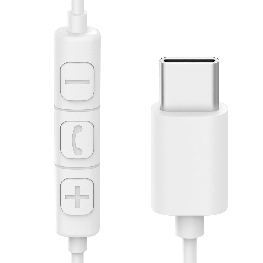 Cable USB-C blanco con un control remoto en línea y botones de volumen sobre un fondo blanco.