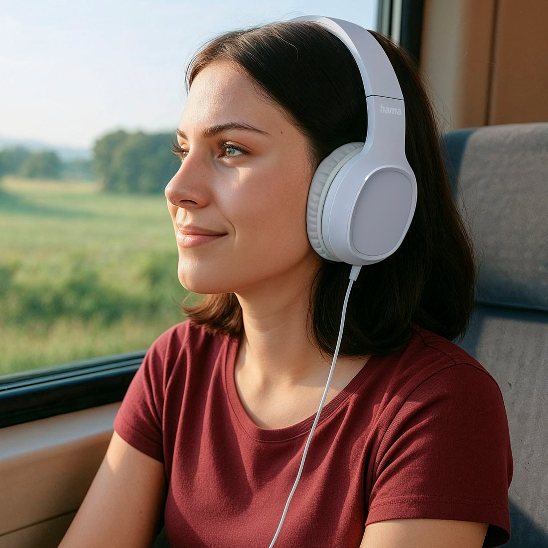 Una mujer con auriculares blancos mira por la ventana del tren hacia un paisaje verde.