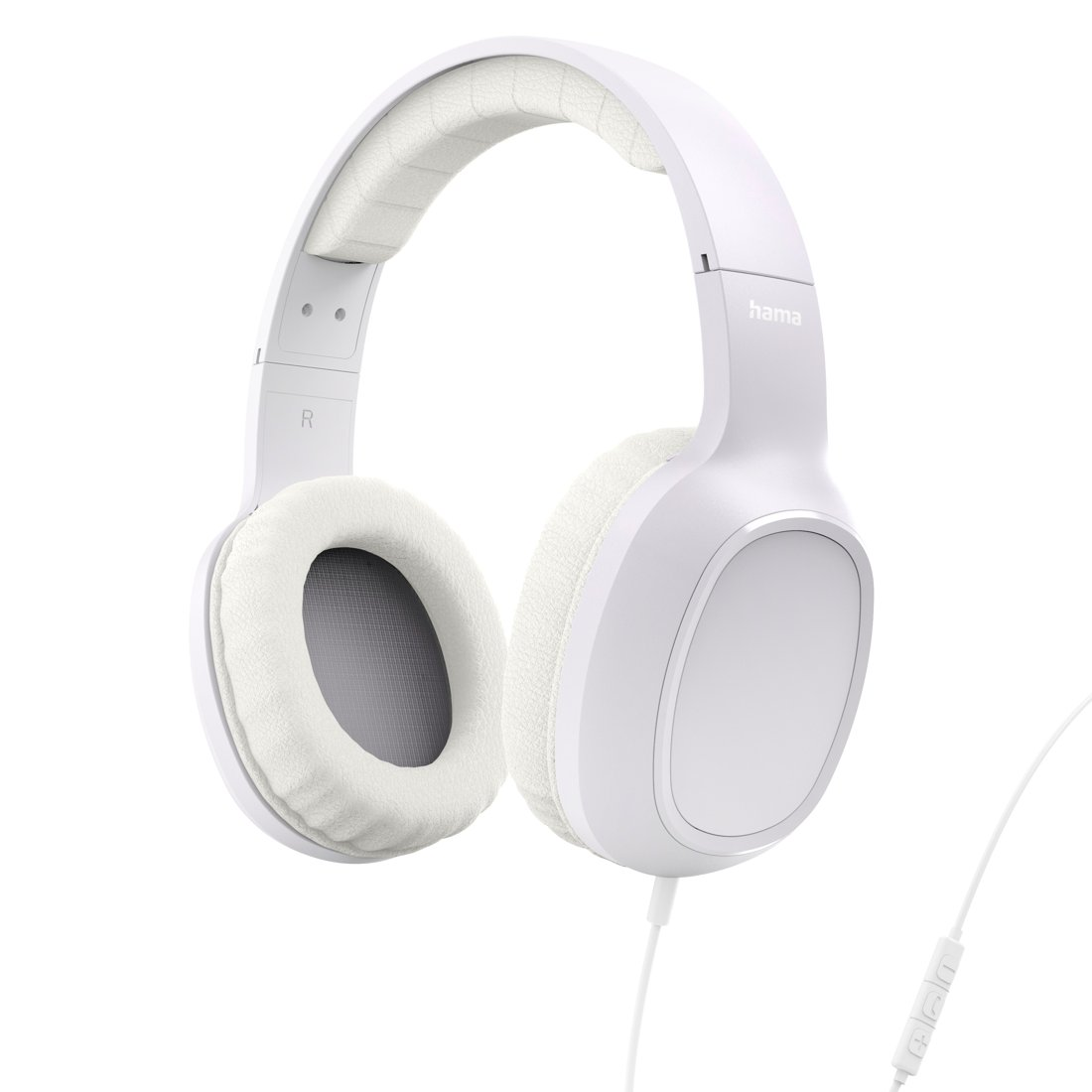 Un par de auriculares supraurales blancos con un cable conectado sobre un fondo blanco liso.
