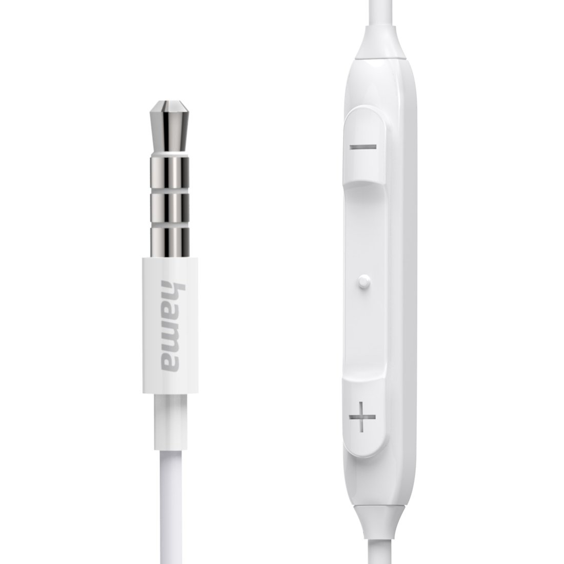Białe gniazdo audio 3,5 mm z logo Hama i pilotem na kablu.