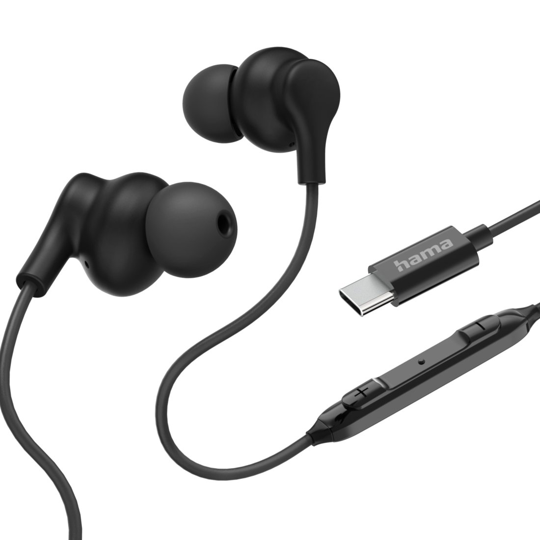 Czarne słuchawki dokanałowe ze złączem USB-C i pilotem na kablu.