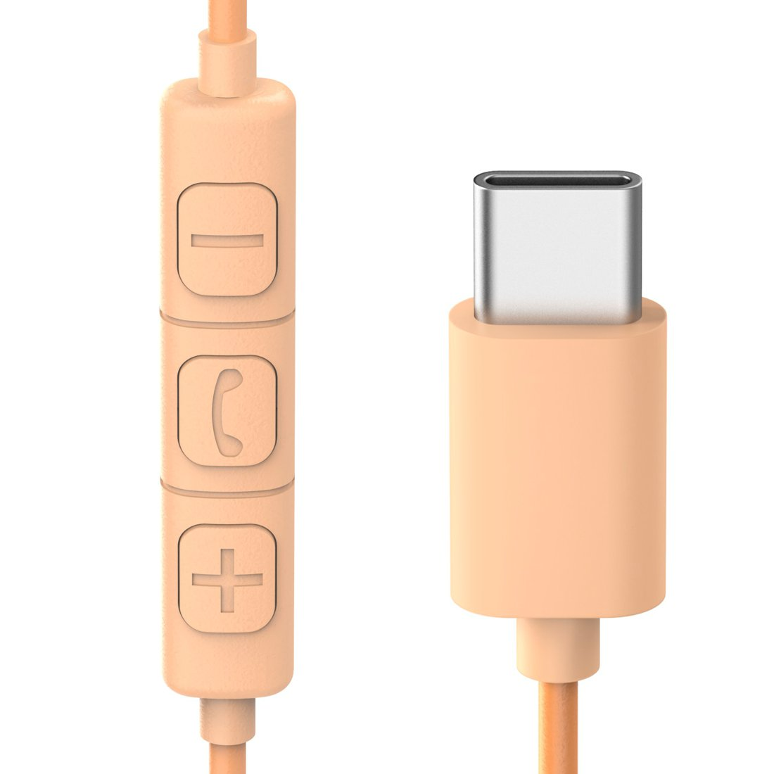 Brzoskwiniowy pilot przewodowy z trzema przyciskami i złączem USB-C na białym tle.