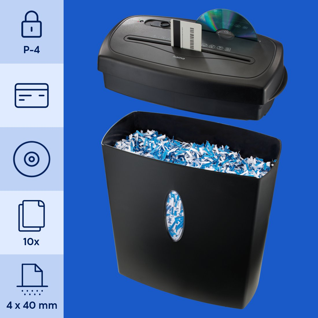 Schwarzer Aktenvernichter mit gefülltem Papierkorb und Symbolen auf blauem Hintergrund.