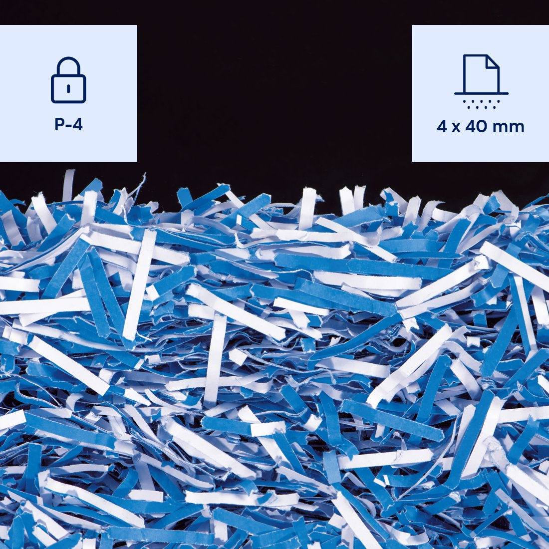 Blau-weisse Papierstreifen nach dem Aktenvernichten mit P-4 Sicherheitsstufe.
