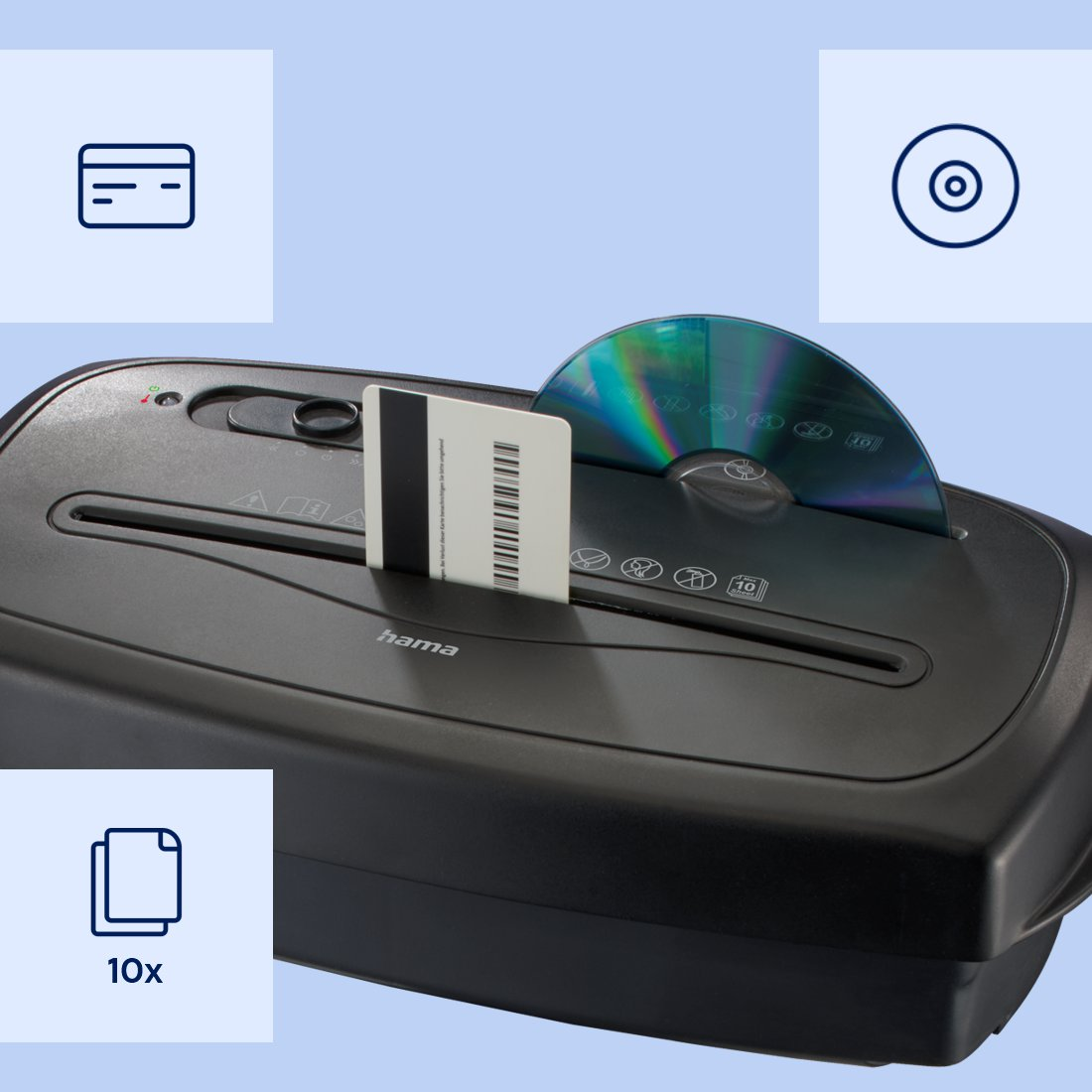 Ein schwarzer Aktenvernichter zerkleinert eine Kreditkarte und eine CD, umgeben von entsprechenden Symbolen.