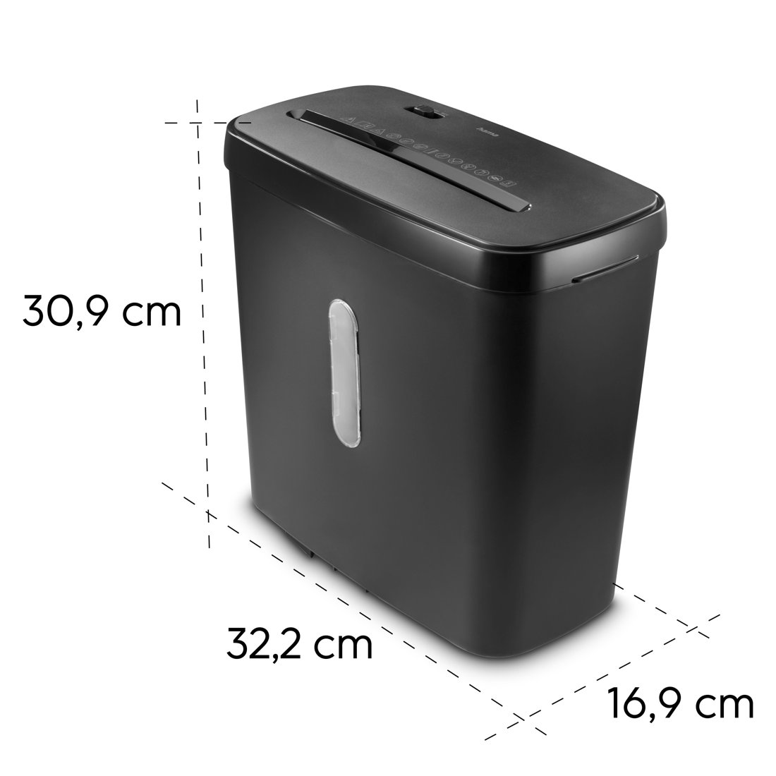 Schwarzer Aktenvernichter mit Maßen von 30,9 cm Höhe, 32,2 cm Länge und 16,9 cm Breite.