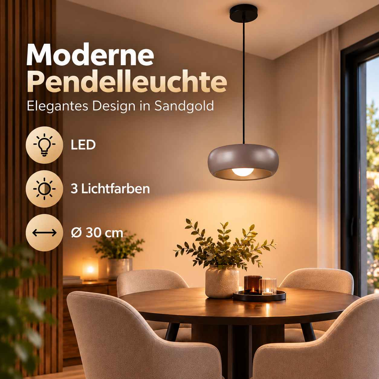 Moderne Pendelleuchte in Sandgold über einem Esstisch mit Stühlen.