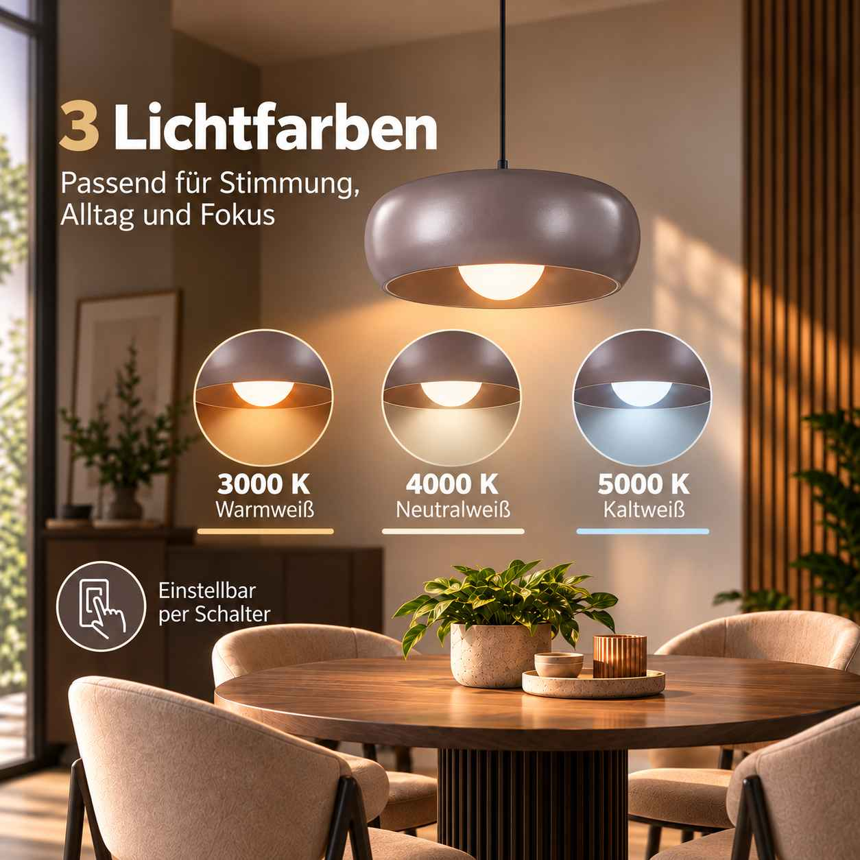 Eine graue Pendelleuchte über einem Holztisch mit drei einstellbaren Farbtemperaturen.
