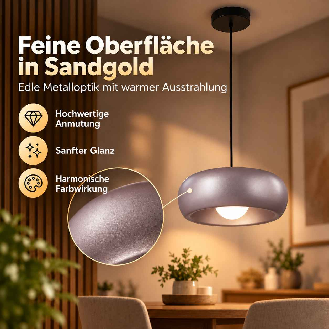 Sandgoldene Pendelleuchte in einem warm beleuchteten Raum mit Text und Detailansicht.