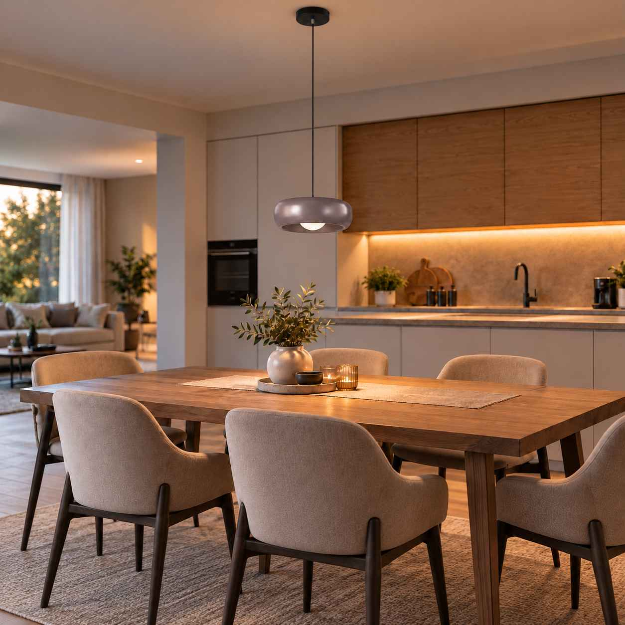 Ein Esstisch mit Stühlen steht unter einer Pendelleuchte in einer modernen Küche.
