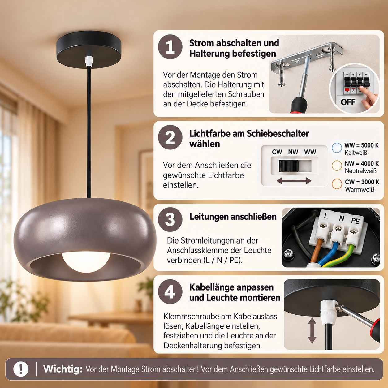 Installationsanleitung für eine Pendelleuchte in vier Schritten mit Bildern und Text auf Deutsch.